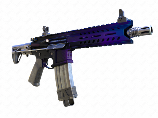 A black-purplue-blue chameleon finish tactical rifle with black base recommended